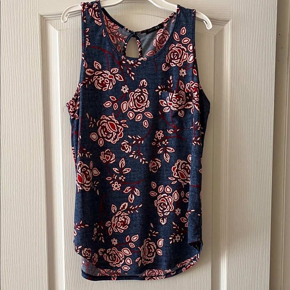 Papermoon Navy and Red Floral Tank Top with front pocket.